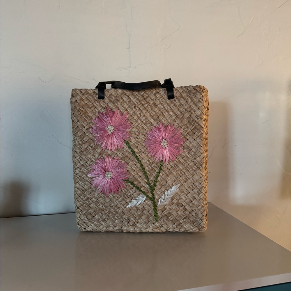 KS Ratan Bag with Pink Straw Floral Embroidery